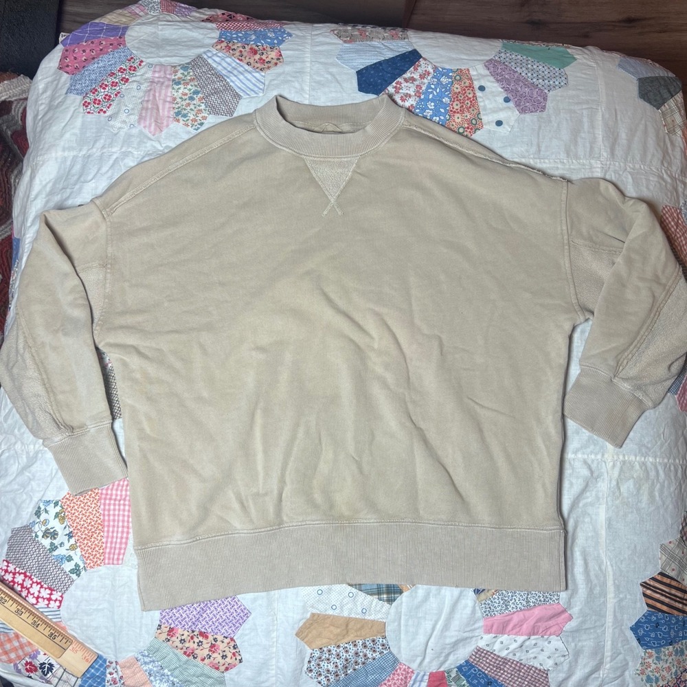 Aerie Tan Beige Relaxed Crewneck Sweatshirt Women Small Ribbed Trim Pullover